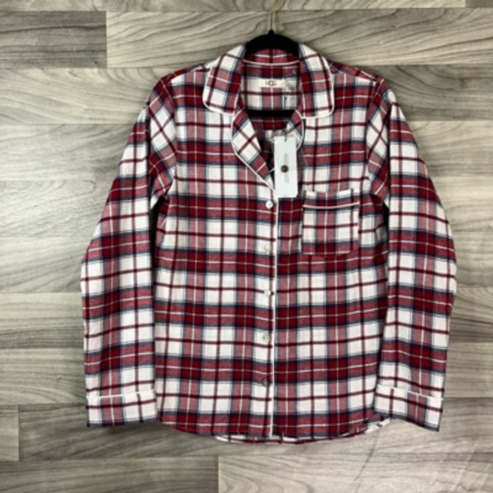 UGG Womens Pajama Shirt Red Plaid Button Up Pocket Collared Long Sleeve XS New